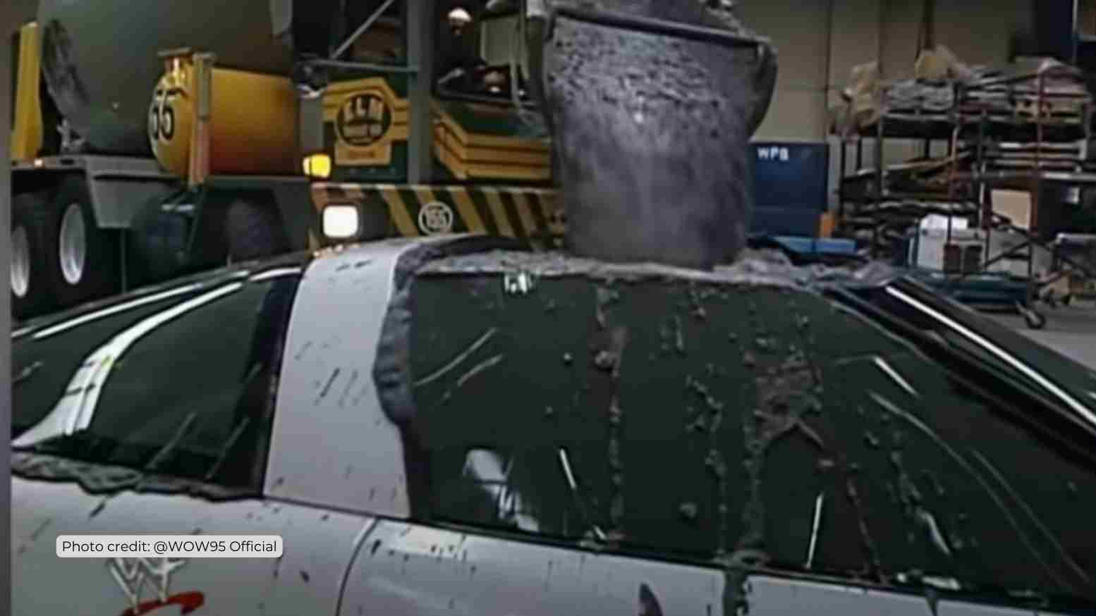 Car having cement poured into it.